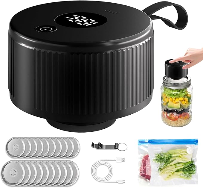 Electric Mason Jar Vacuum Sealer Kit, 3-in-1 Handheld Automatic Vacuum Sealer for Mason Jars, Canning Sealer Machine for Jars, Containers, Vacuum Bags | Present for Mom, Black
