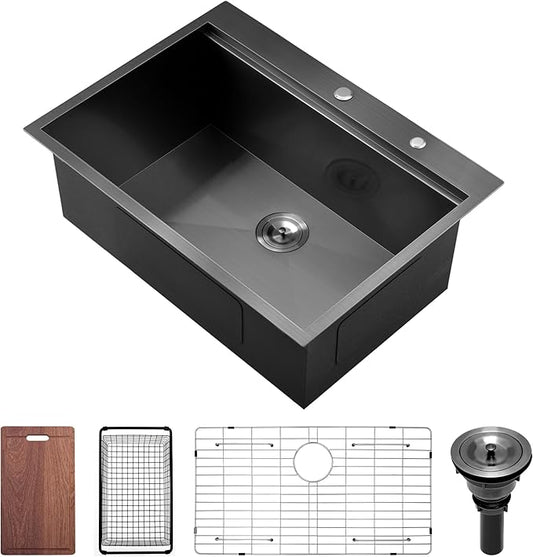 30 Inch Black Drop In Kitchen Sink, Doirteal 30x22 Inch Black Workstation Sink Topmount 16 Gauge Stainless Steel Single Bowl Kitchen Sinks BL19S-1