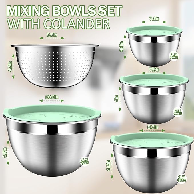 Mixing Bowls with Lids Set, Stainless Steel Mixing Bowl Set with Colander, Strainer with Bowls - Pistachio
