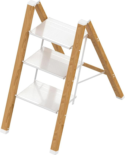3 Step Ladder, Portable Step Ladder Folding, Lightweight Step Ladder with Anti-Slip Pedal, Aluminum Indoor and Closet, Kitchen, 330lbs - White & Wood Grain