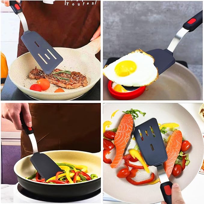 4Pcs Spatula Silicone Heat Resistant Flexible Rubber Silicone Spatulas for Nonstick Cookware, Burger Pancake Spatula Turner Large Silicone Spatulas Set for Cooking Kitchen Utensils Set Black