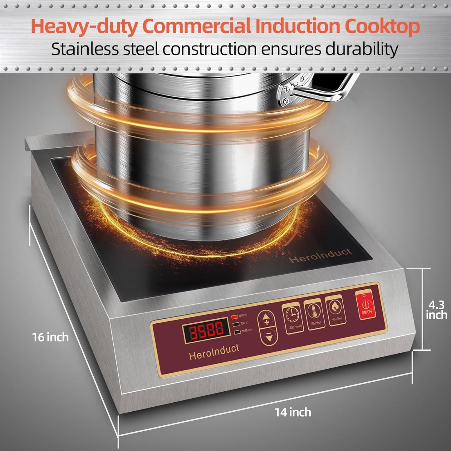 Portable Induction Cooktop 208-240V 3500W Commercial Range Countertop Burner Dual IGBT Modules 8 Heating Level Timer Sensor Push-Button Premium Stainless Steel Housing Ceramic Glass（Red）