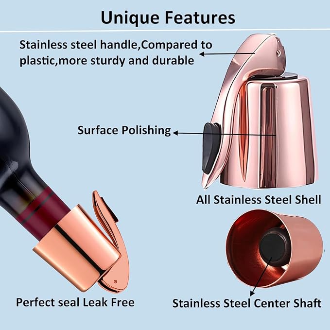 Stainless Steel Wine Bottle Stoppers with Silicone - Reusable Wine Freshness Keep,Wine Bottle Sealer Stopper, Ideal Wine Saver Accessory Gift (RoseGold2 Pack)