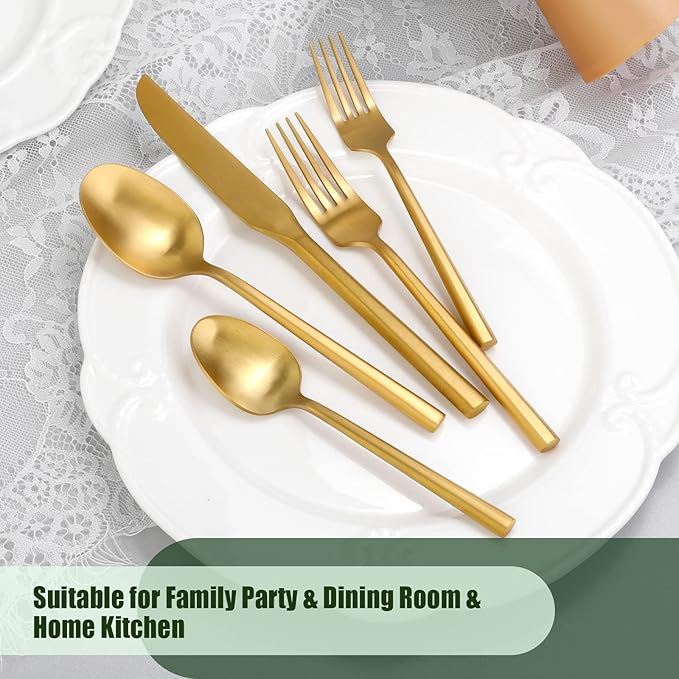 DEACORY Silverware Set Flatware Set Matte Gold Cutlery Set Brushed Brass Heavy Hexagon Handle Stainless Steel 40 Pieces Dishwasher Safe Service for 8