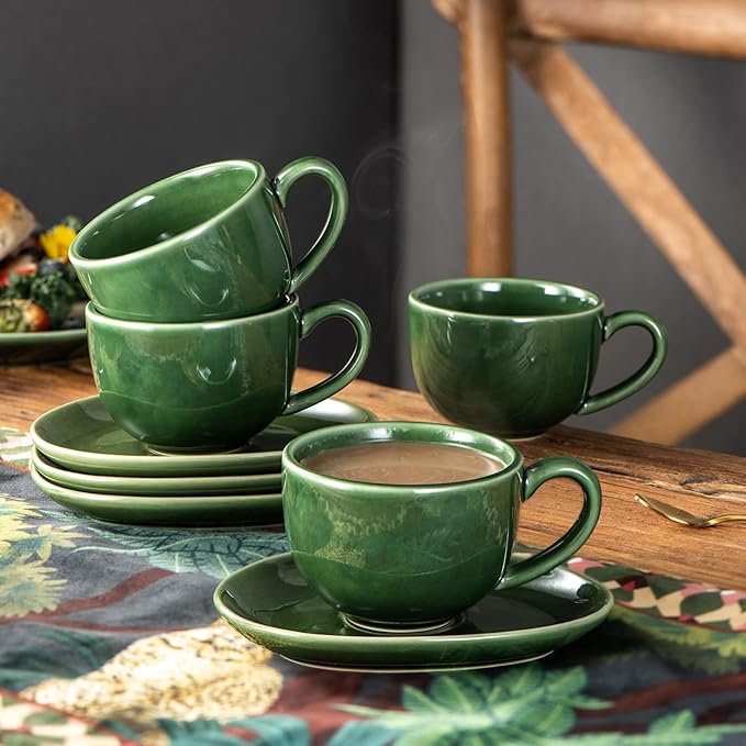 vicrays 6.5 oz Cappuccino Cups with Saucers, Set of 4, Ceramic Coffee Cup for Au Lait, Double shot, Latte, Cafe Mocha, Tea (Green)