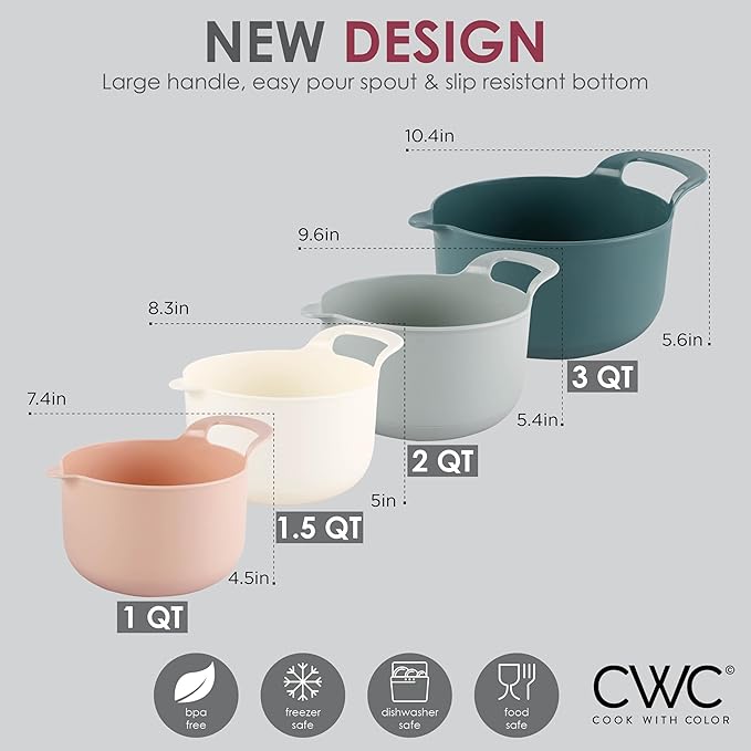 COOK WITH COLOR Nesting Plastic Mixing Bowl Set with Pour Spouts and Handles, Teal and Pink, 4 Piece Non-Slip