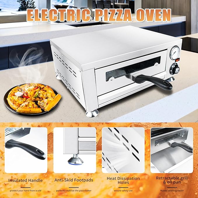Generic YOOKTEN Indoor Pizza Oven,Electric Countertop Pizza Ovens,Portable Commercial Pizza Maker for Home with 60 Minutes Timer Stainless Steel Pizza Cooker,1100W, Large, Silver
