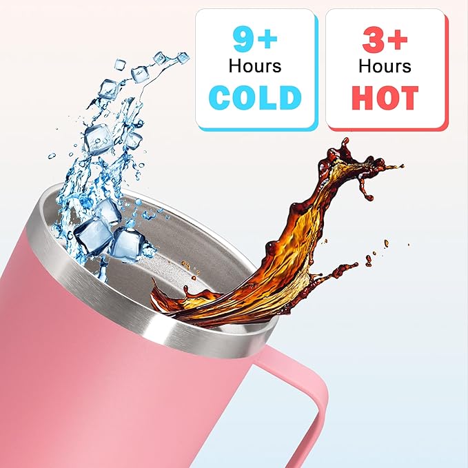 20 oz Tumbler with Handle and Lid, Stainless Steel Tumbler Insulated Travel Coffee Mug, Spill Proof Double Wall Vacuum Tumbler Cup Keep Drink Hot & Cold, Pink, 6 Pack