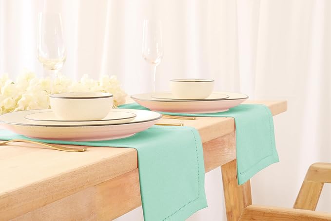 PurpleEssences Set of 6 Hemstitch Cloth Dinner Napkins 100% Cotton - Soft Durable Washable - Ideal for Wedding Christmas Holiday Winter - Perfect Everyday Use Table Linen 18x18 - Turquoise