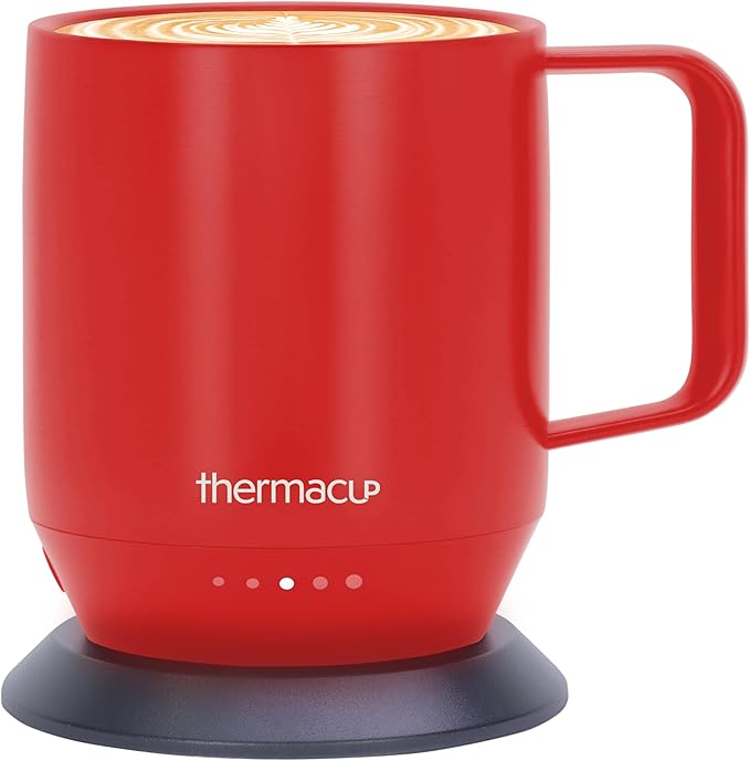 Premium Heated Coffee Mug with 5 Temperature Settings, Industry-Leading Smart Electric Cup, Up to 8-Hour Battery, 12oz with Lid (14oz Total Capacity), Cherry Red