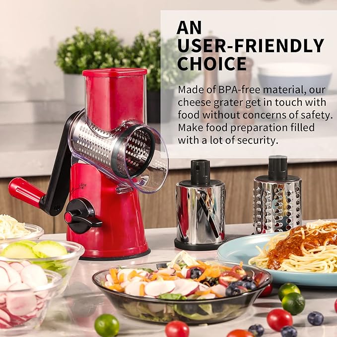 Rotary Cheese Grater, 3 in 1 Cheese Shredder Grater Rotary with Handle, Vegetable Mandoline Slicer Shredder for Vegetable, Cheese, Nut