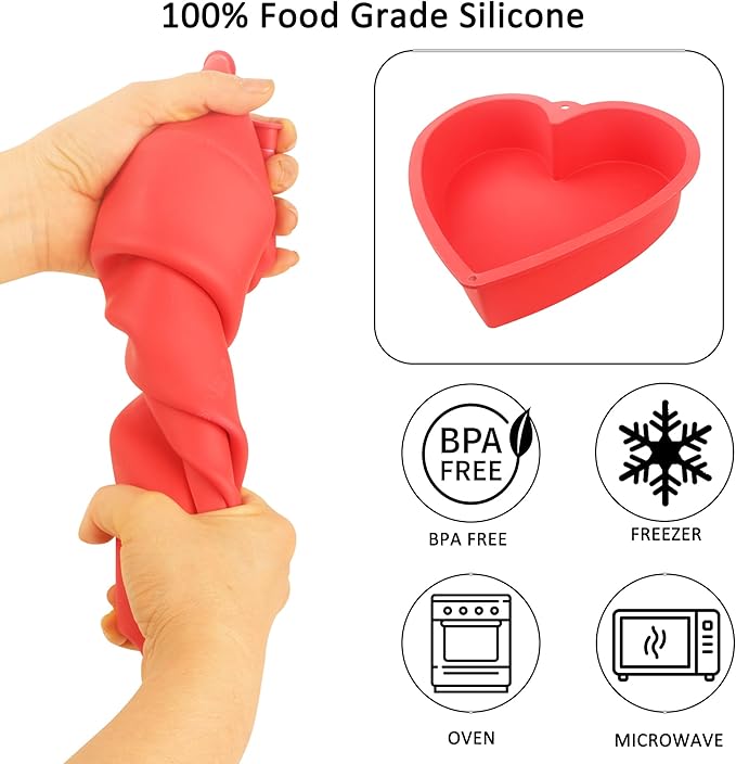 MILIVIXAY 2PCS Heart Shaped Cake Pans, 8 Inch Cake Mold, Red, Thick Style, Completely Non Stick, Food Grade Silicone, Easy To Store and Wash, Microwave, Freezer and Oven Safe.