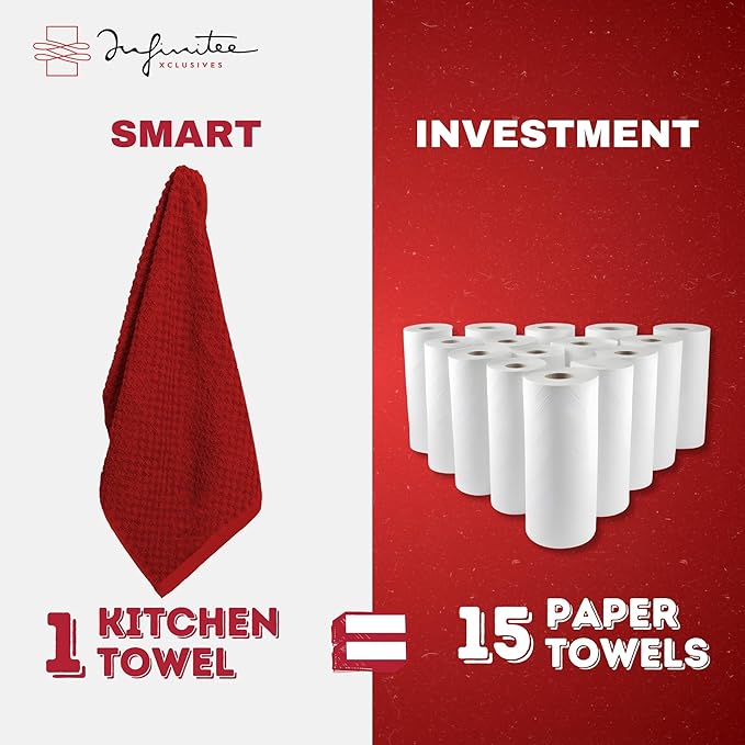 Infinitee Xclusives Premium Kitchen Towels - [Pack of 12] 100% Cotton Kitchen Hand Towels (15 x 25 Inches) - Dish Towels for Kitchen |Passionate Red|