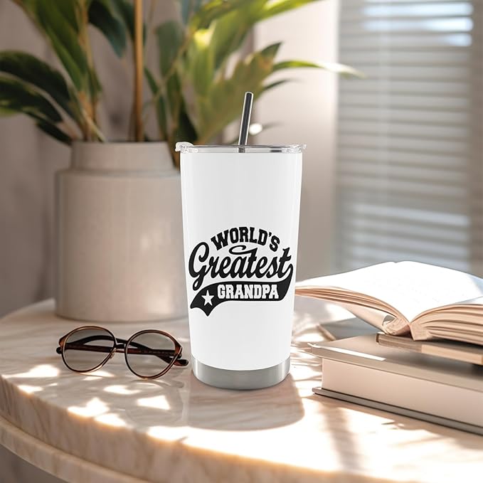 QASHWEY Grandpa Gifts Coffee Tumbler - Gifts for Grandpas, Grandpas Travel Tumbler Coffee Mug for Grandfather, World's Greatest Grandpa Stainless Steel Tumblers with Straw and Lid 20 oz