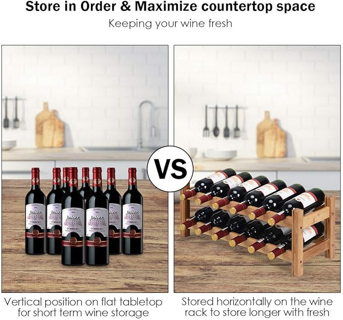 COSTWAY Wine Rack, Bamboo 12 Bottles 2-Tier Wine Display Rack for Countertop Home Kitchen Pantry, Free Standing Wine Storage, Rack Tabletop Wine Rack (Nature)