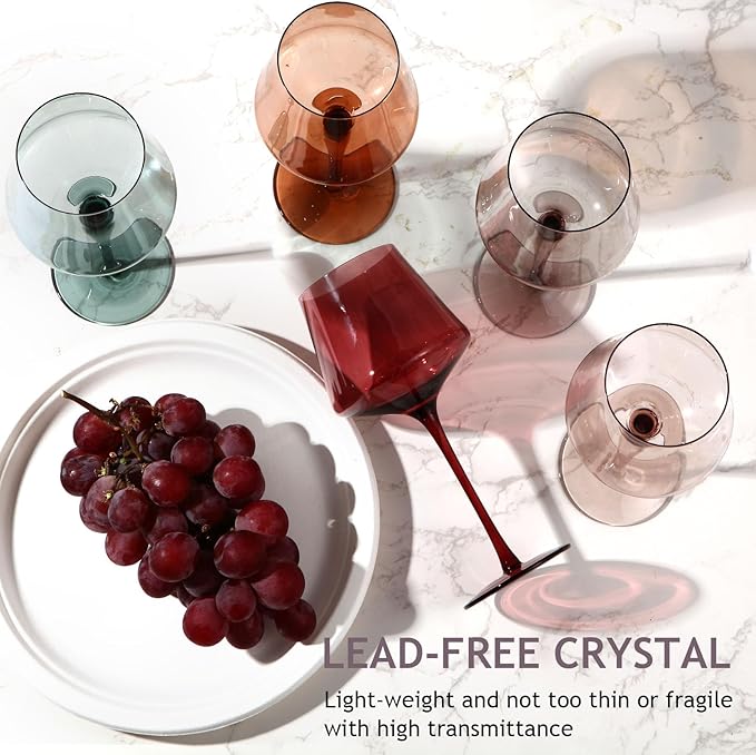 Colored Wine Glasses Set of 6, Large 16oz Hand Blown Crystal Wine Glassware, Stemmed Colorful Wine Glasses - Red & White, Modern & Elegant for Friends,Family,Wedding,Anniversary,Christmas,Birthday