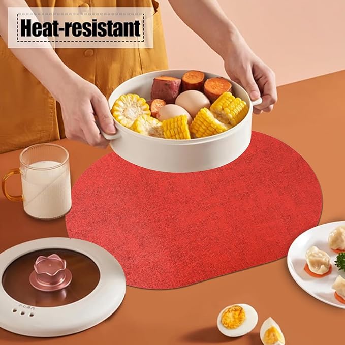 Red Placemats Set of 6 Oval,Waterproof Faux Leather Placemat Reversible,Heat Resistant Anti Slip Washable Table Placemats for Dining Table,Modern Table Protectors