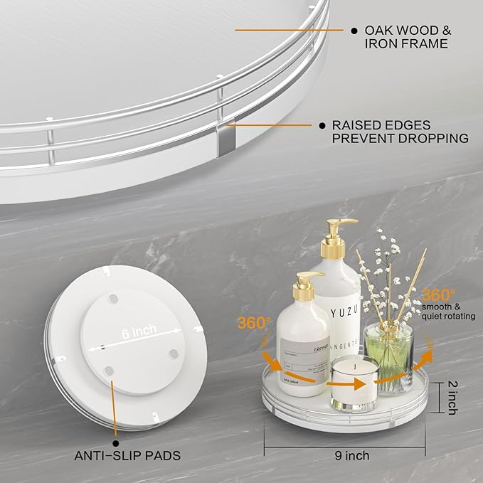 9" Oak Wood Lazy Susan Organizer, Lazy Susan for Cabinet Dining Table Pantry Wood Turntable Organizer Tray for Coffee Table Kitchen Countertop Salt Pepper Spice Organization and Storage Round Silver