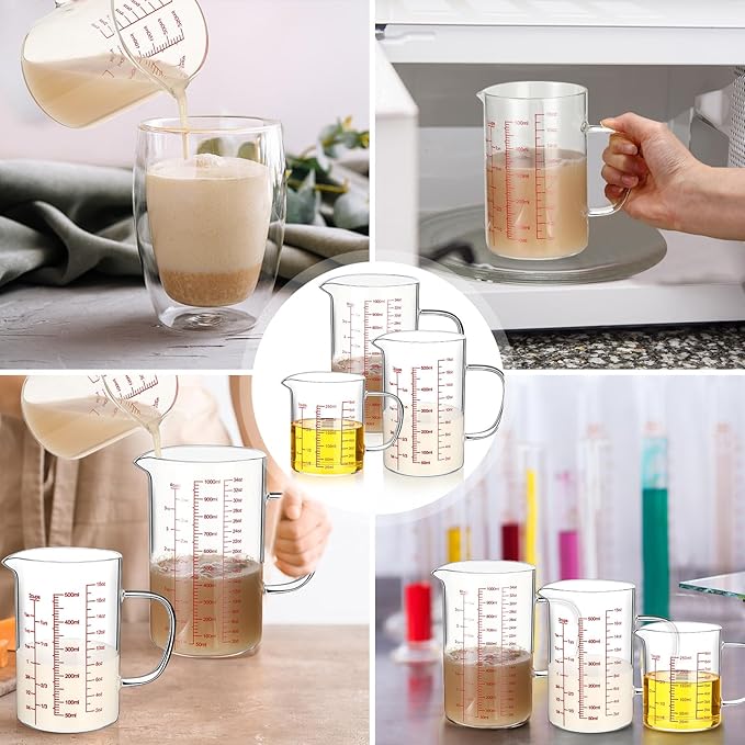 Lallisa 3 Pack High Borosilicate Glass Measuring Cups Set with Handle V Shaped Spout, 4, 2, 1 Cup 3 Scales (Oz, Cup, Ml) for Kitchen Restaurant Baking Cooking, Easy to Read, Clear(Red Scale)