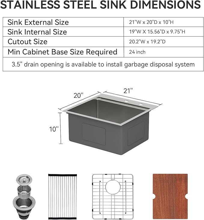 Lordear 21x20x10 Inch Drop in Kitchen Bar Sink - 16 Gauge Stainless Steel Single Bowl Workstation, Topmount Over Counter, for Wet Bar/Prep/Small Kitchen with Cutting Board