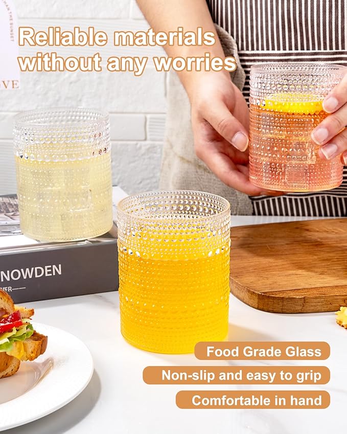 YOUBET 24PCS Plastic Hobnail Drinking Glasses - 14 Oz Clear Vintage Glasses Drinkware - Disposable Beaded Cups for Juice, Wine, Party