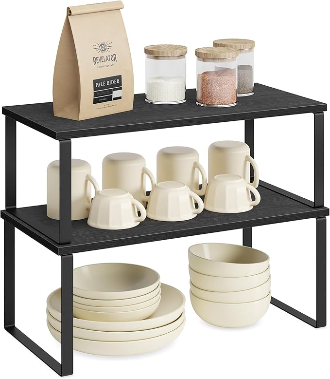 SONGMICS Cabinet Organizer Shelf, Set of 4 Kitchen Counter Shelves, Kitchen Storage, Spice Rack, Stackable, Expandable, Metal and Engineered Wood, Ink Black and Ebony Black UKCS028B01