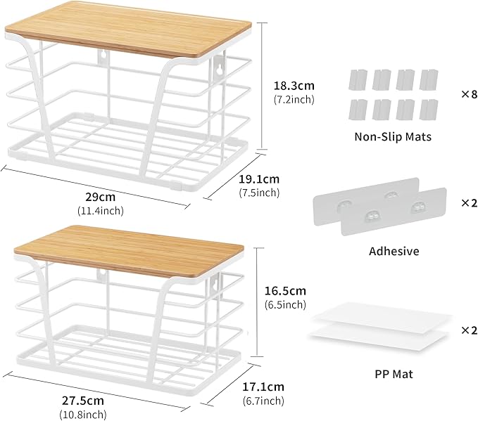 2 Pack Kitchen Organization for Onions,Potatoes - Fruit Basket for Kitchen Counter & Storage Basket,Stackable Storage Bins with Bamboo Top & Lightweight PP Mat,White