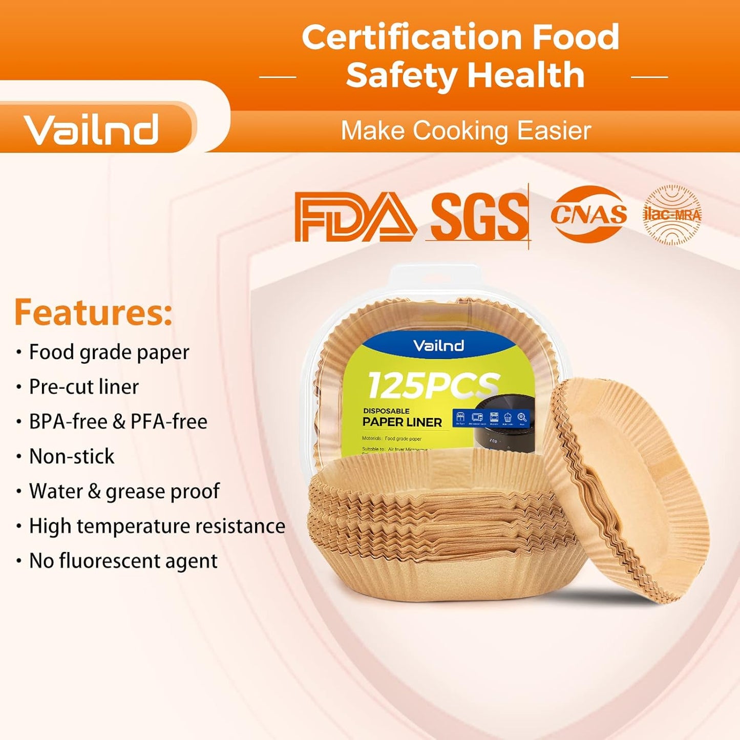 Vailnd 9inch Square Air Fryer Disposable Paper Liners, 125PCS Non-Stick Food Grade Air Fryer Parchment Liner, Oil Resistant, Waterproof, Food Grade Baking Paper for 8-12 QT Air Fryer Microwave