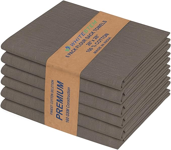 Flour Sack Towels 100% Cotton Dish Towel Reusable Baking Cloth for Bread Dough, Baguettes, Ciabatta, Machine Washable, Kitchen Towels for Cleaning – Set of 6 (28"x28") - Charcoal