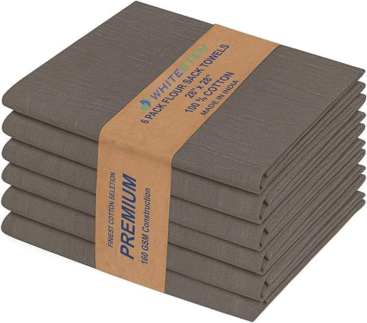 Flour Sack Towels 100% Cotton Dish Towel Reusable Baking Cloth for Bread Dough, Baguettes, Ciabatta, Machine Washable, Kitchen Towels for Cleaning – Set of 6 (28"x28") - Charcoal