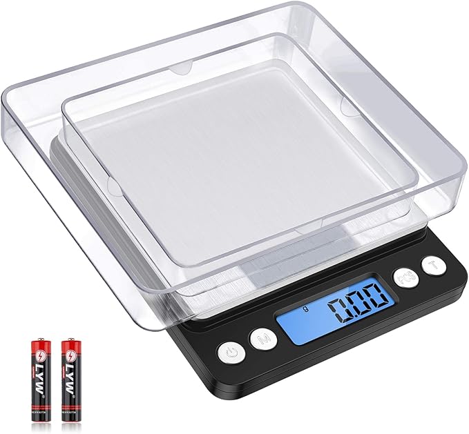 Diyife Digital Kitchen Scale 500g/0.01g, High Precision Cooking Food Scale, Mini Gram Scale with LCD Display, 2 Trays, 6 Units, Auto Off, Tare Function, Christmas Gift (Batteries Included) (Black)