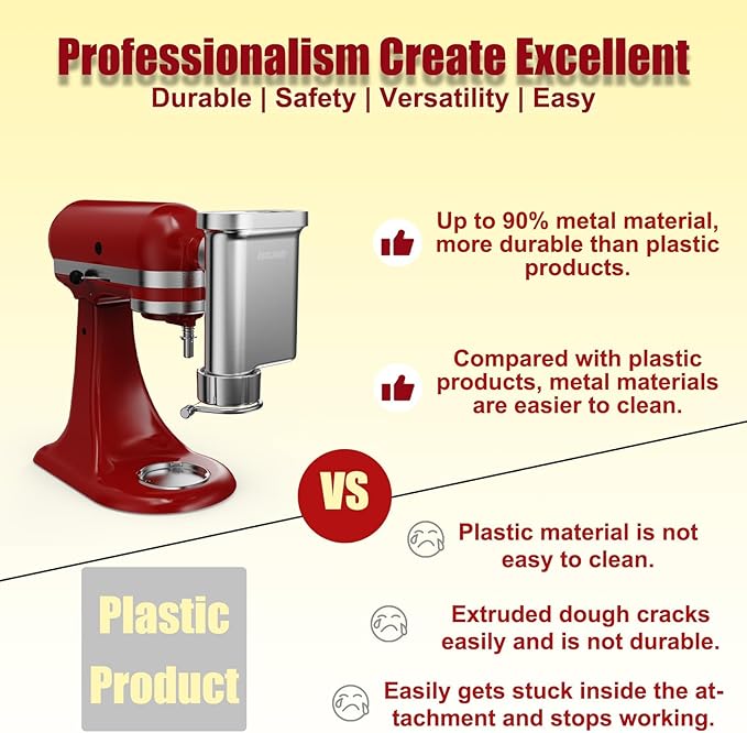 Metal Gourmet Pasta Press Attachment for KitchenAid Stand Mixer – Durable Pasta Maker Attachment with 5 Interchangeable Plates for Spaghetti, Bucatini, Fusilli, Large & Small Macaroni