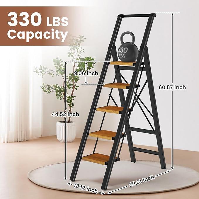 5 Step Ladder with Handrails, Lightweight Step Stool Foldable, Kitchen Step Stool for Adults 330 lbs, Portable Stepping Stool with Non-Slip Pedals, Aluminum Folding Stepladder for Home Garage