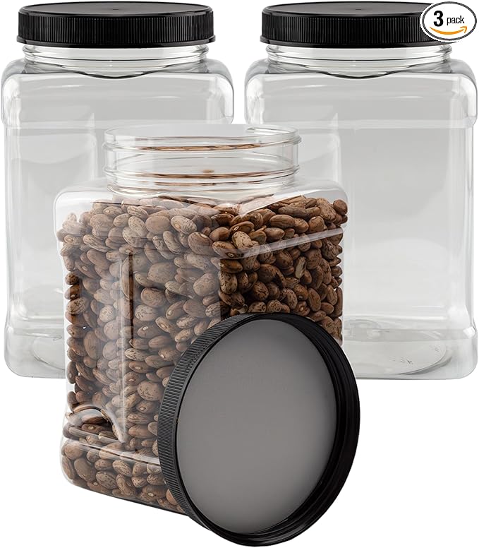 Cornucopia Brands 48oz Square Plastic Jars (3-Pack); Clear Rectangular 6-Cup Canisters w/Black Lids, Easy-Grip Side