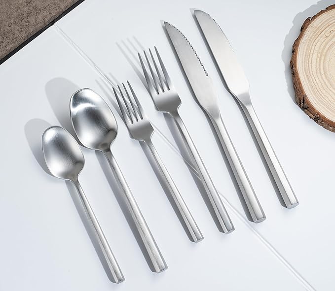 Silverware Set with Steak Knives,Zerophilo Flatware Set with Hexagon Handle 24 Pieces 18/0 Stainless Steel Cutlery Set for 4,Dishwasher Safe