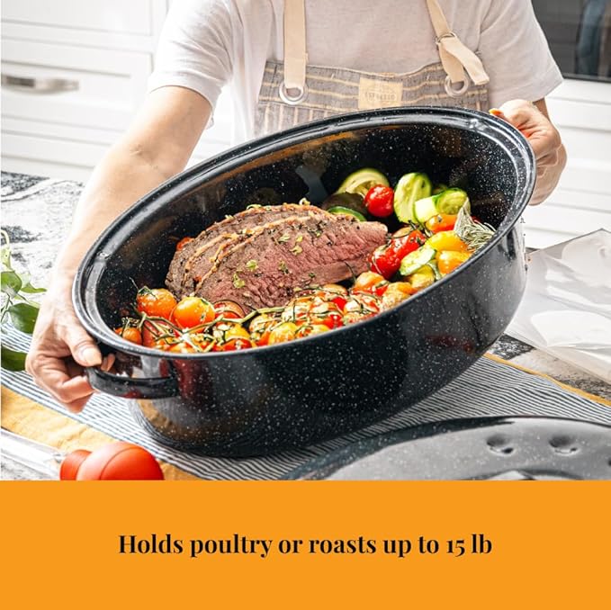 Granite Ware 4-Piece 18-in Roasting Set w/Lid, Enameled Steel, Speckled Black