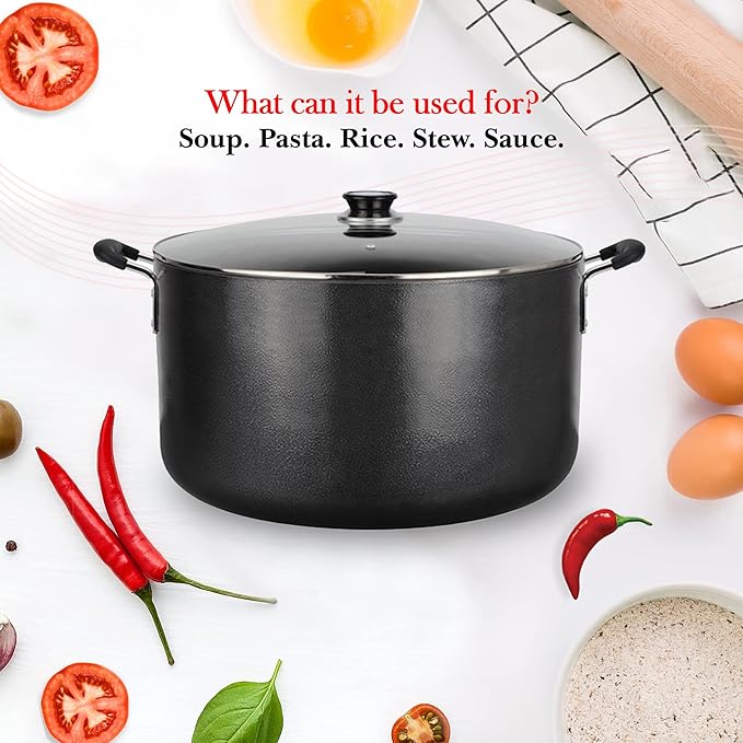 Alpine Cuisine 38 Quart Non-stick Stock Pot with Tempered Glass Lid and Carrying Handles, Multi-Purpose Cookware Aluminum Dutch Oven for Braising, Boiling, Stewing