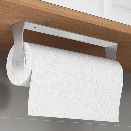Paper Towel Holder Under Cabinet, Wall Mount Paper Towel Holder for Kitchen Bathroom, Stainless Steel, Adhesive or Screws, Silver