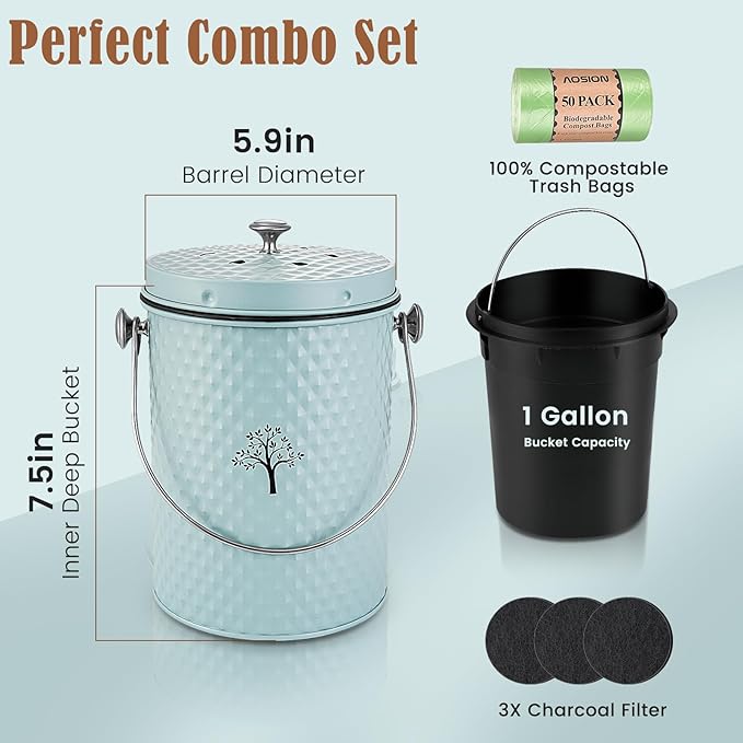 AOSION Countertop Compost Bin Kitchen,Odor Resistant Indoor Compost Bin with Lid and Compost Bags,Compost Bucket Composter Container for Food Waste,Blue