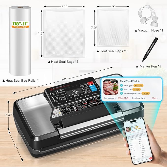 95Kpa Vacuum Sealer Machine for Food with Bags, 12-in-1 Food Saver Vacuum Sealer with Double Heat Seal, Built-in Cutter,Accessory Hose, Bag Storage,10 Bags, 1 Bag Roll & Marker Pen,App Control