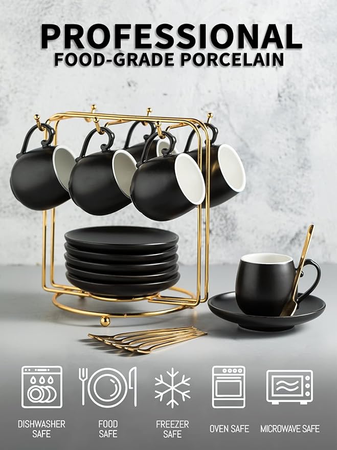 LYEOBOH Espresso Cups and Saucers Set, Ceramic Coffee Cup 3 Ounces Small Demitasse Cups Espresso Mugs with Spoons & Metal Stand for Cappuccino, Latte, Tea, Set of 6, Black