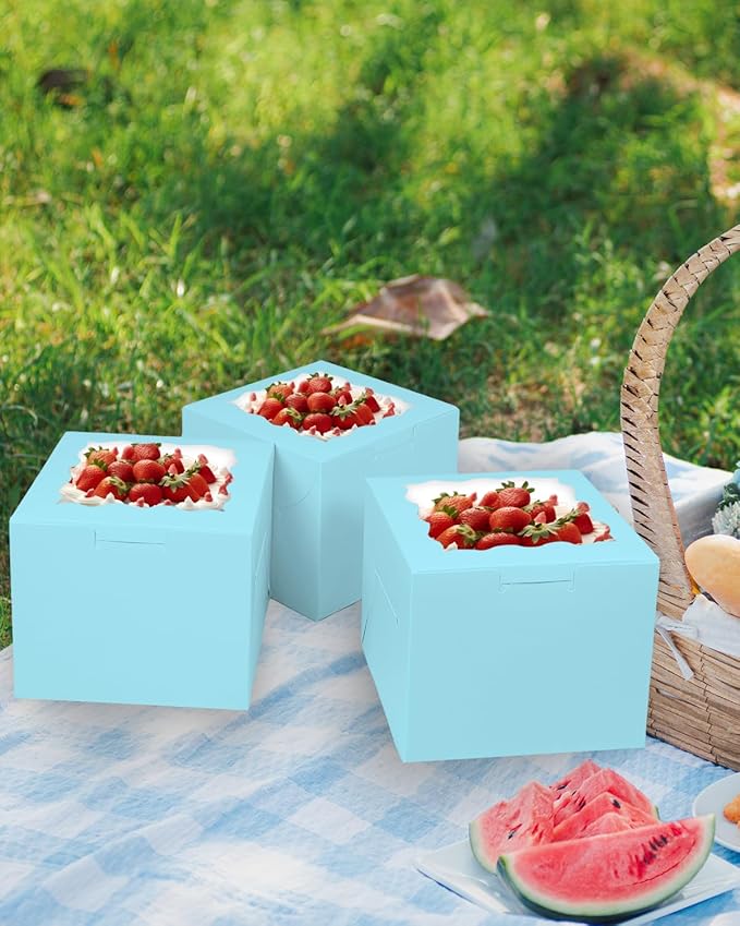 Bakepacker 36pcs 6x6x5 Inches Cake Boxes with Window, 18-Pack Light Blue, 6 Inch Bakery Boxes (18 Cake Boxes + 18 Cake Boards Included)