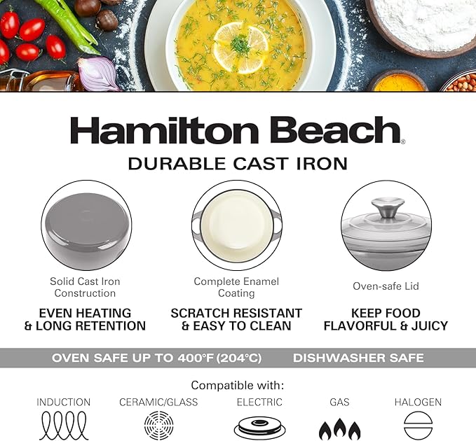 Hamilton Beach 3-Quart Enameled Cast Iron Dutch Oven with Lid | Cream Interior for Even Heat Distribution, Gray