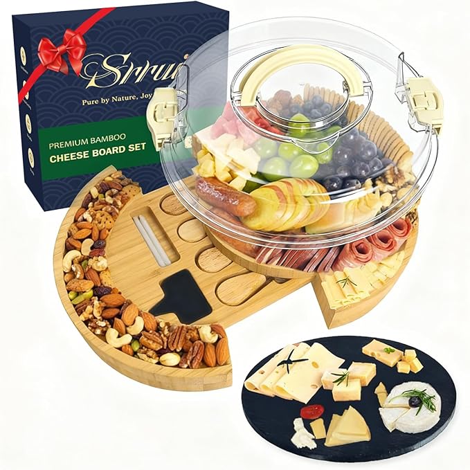 Charcuterie Board with Lid-Portable Bamboo Cheese Board Set,Travel Round Tray with Locking Lid for Picnic, Party Snacks, Wedding & Housewarming & Kitchen Gifts for Women