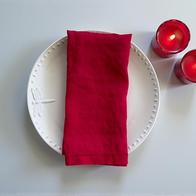 Hemstitched Linen Napkins – 20 Inch x 20 Inch – Stonewashed Pure Linen Cloth Dinner Napkins with Mitered Corners - 100% French Flax – Machine Washable - Set of 4 (Rich Red)