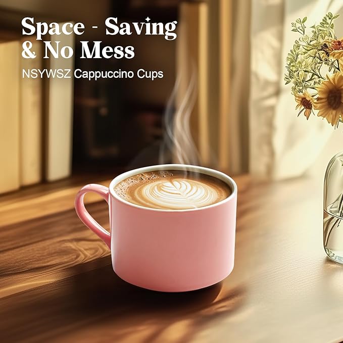 10 Ounce Pink Porcelain Stackable Cappuccino Cups with Stainless Steel Holder, Set of 4, Durable Ceramic, Perfect for Home, Office or Gift