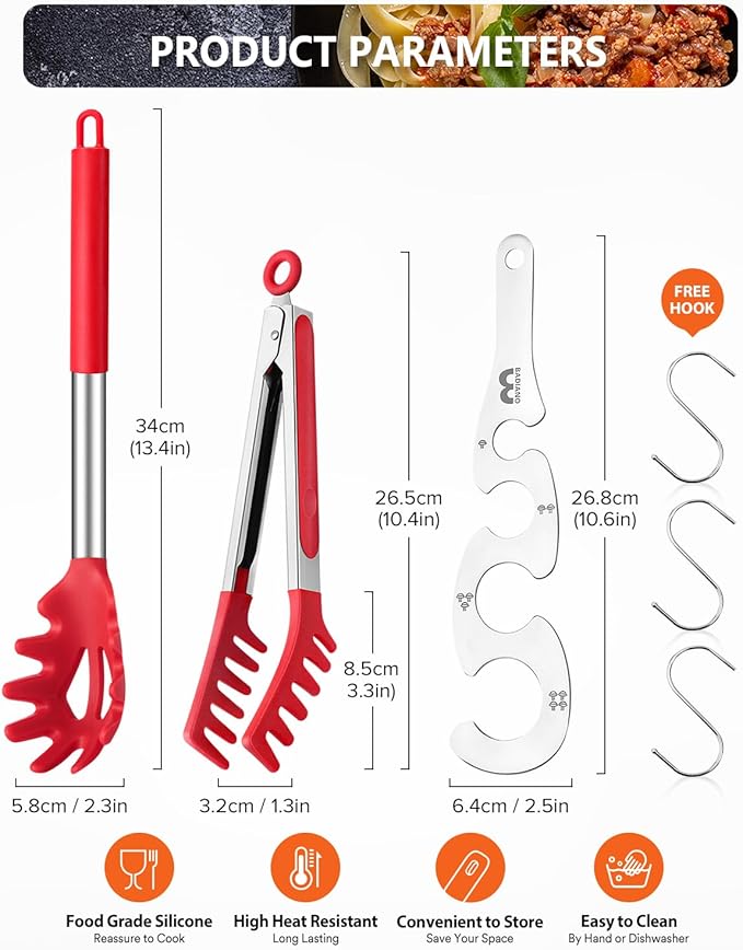 Silicone Spaghetti Spoon & Pasta Tong With Pasta Measurer, 3 Pack of Non-Stick Stainless Steel Handle Pasta Fork Set with Teeth, Food Clip for Easy Serving of Noodles (RED)