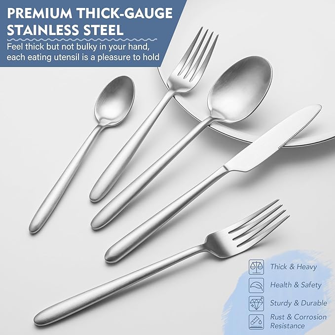 Heavy Duty Silverware Set, EIUBUIE 40-Piece Premium Stainless Steel Flatware Sets For 8, Matte Brushed Finish Cutlery Tableware Modern Kitchen Utensils Set for Home Restaurant, Dishwasher Safe