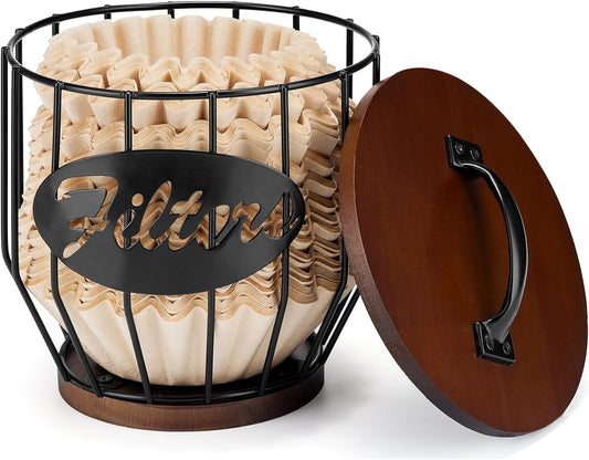 Yangbaga 8-12 Cup Coffee Filters Holder with Wood Lid,Large Capacity Coffee Filter Storage Canister Container Basket,Black Wire K Cup Storage Basket,Coffee Bar Accessories decor