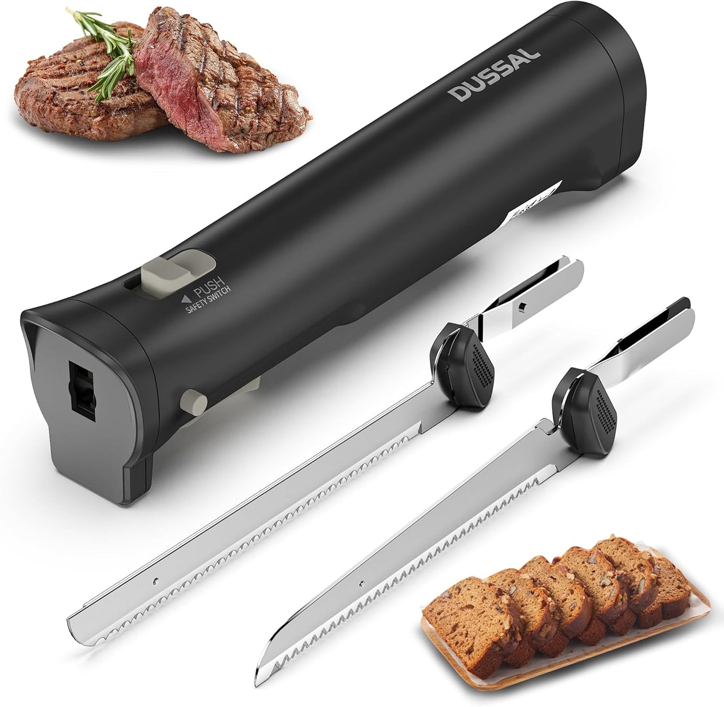 DUSSAL Cordless Electric Knife, Electric Bread Knife with 4 Stainless Steel Blades, Safety Lock Switch, Blade Release Buttons, On/Off button, Cutting Meats, Fish, Poultry, Bread, Cheese & More (Black)